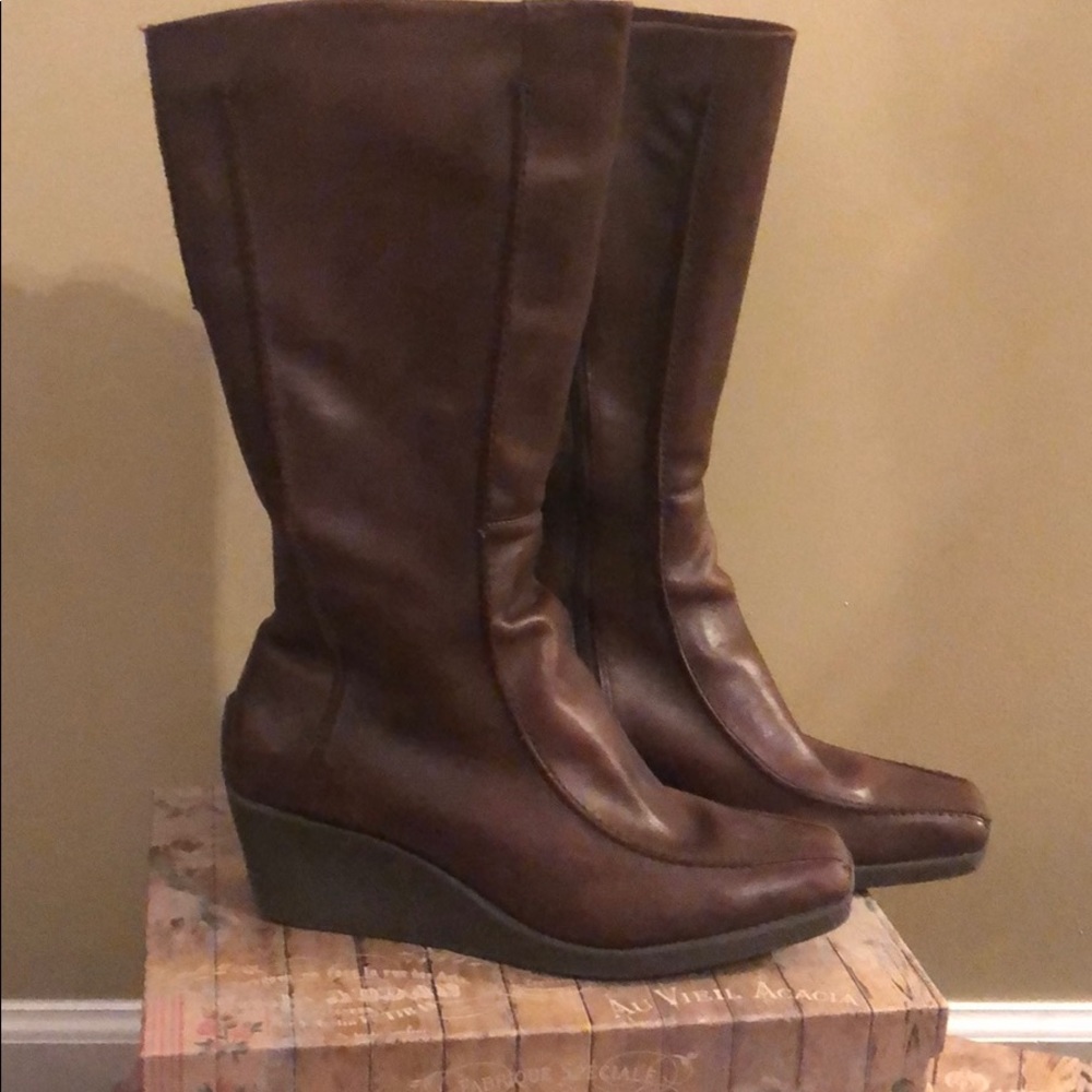 Chocolate Leather Wedge Boots